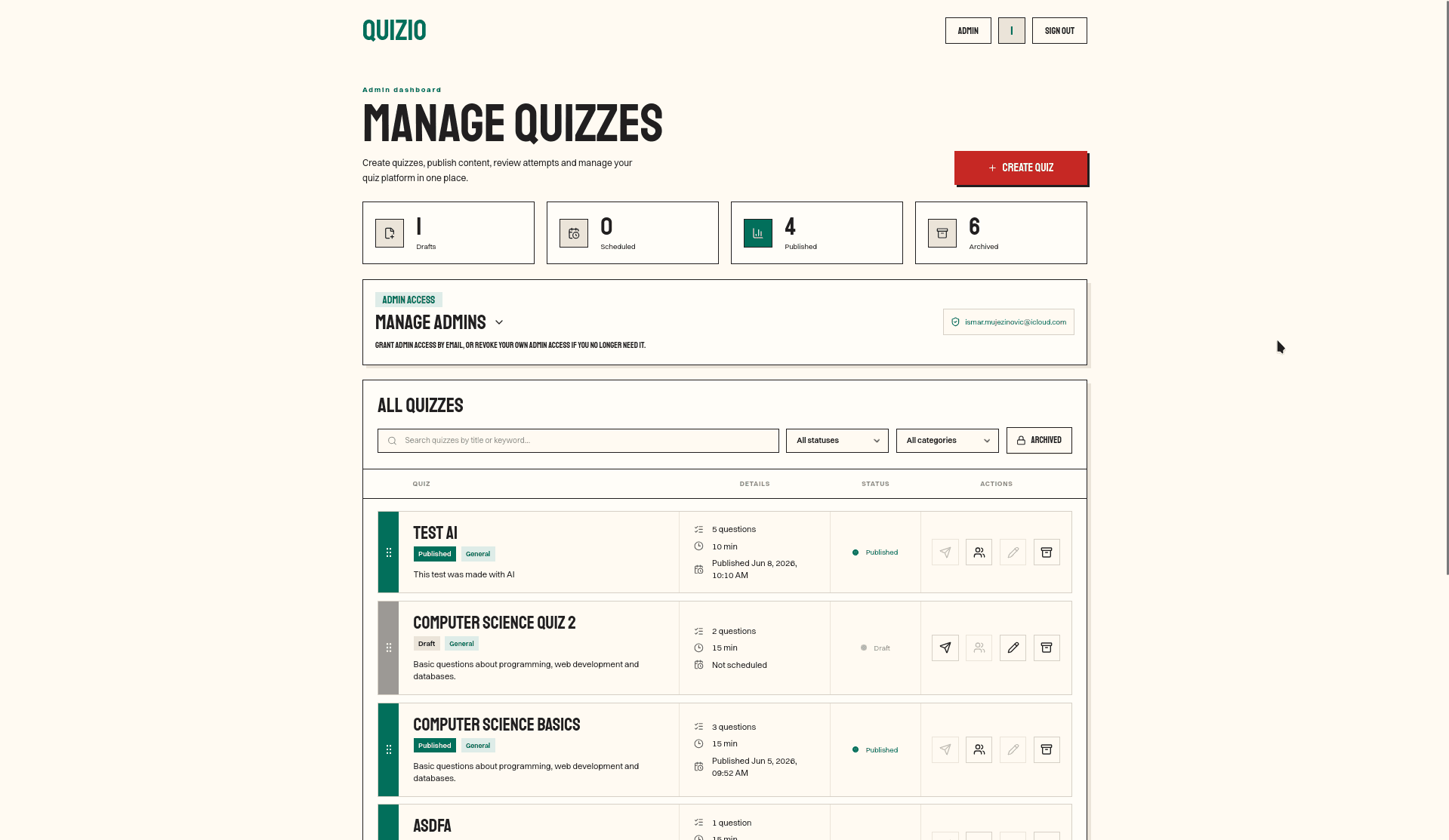 Quizio administrator dashboard for managing quizzes